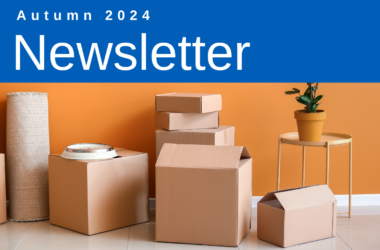 Text: autumn 2024 newsletter with an image of cardboard moving boxes.